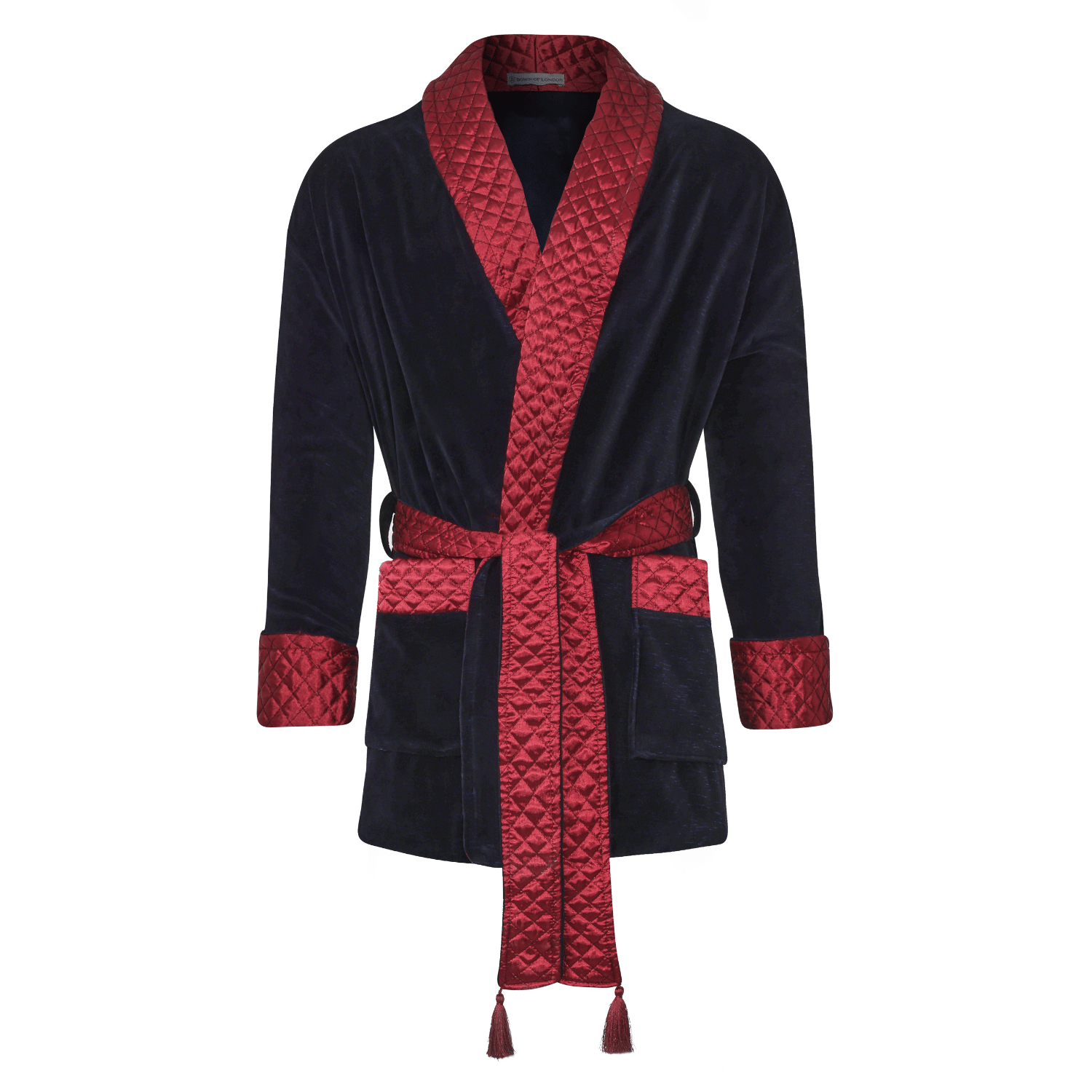 Cliveden - Kurzer, marineblauer Samt Morgenmantel mit gestepptem Satinkragen & umschlagbaren Manschetten