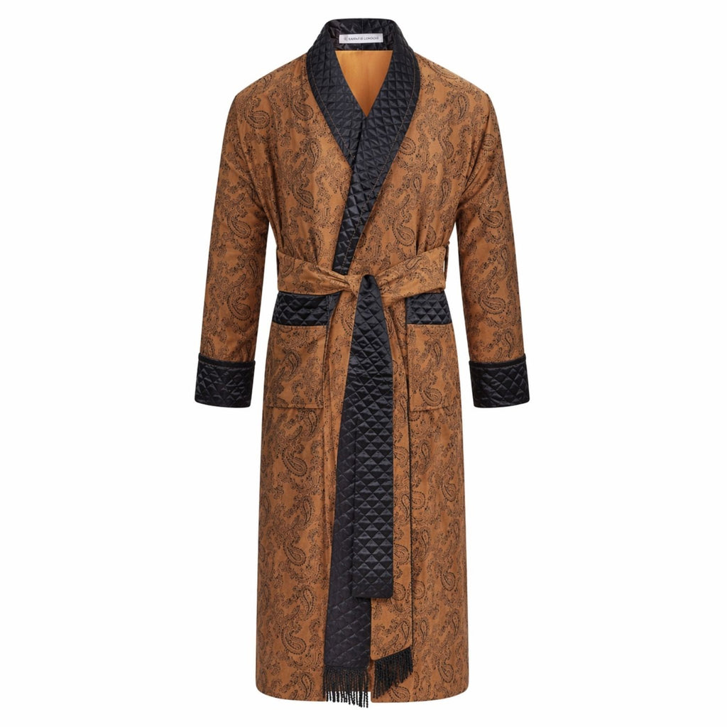 Gold patterned robe with black accents on a white background