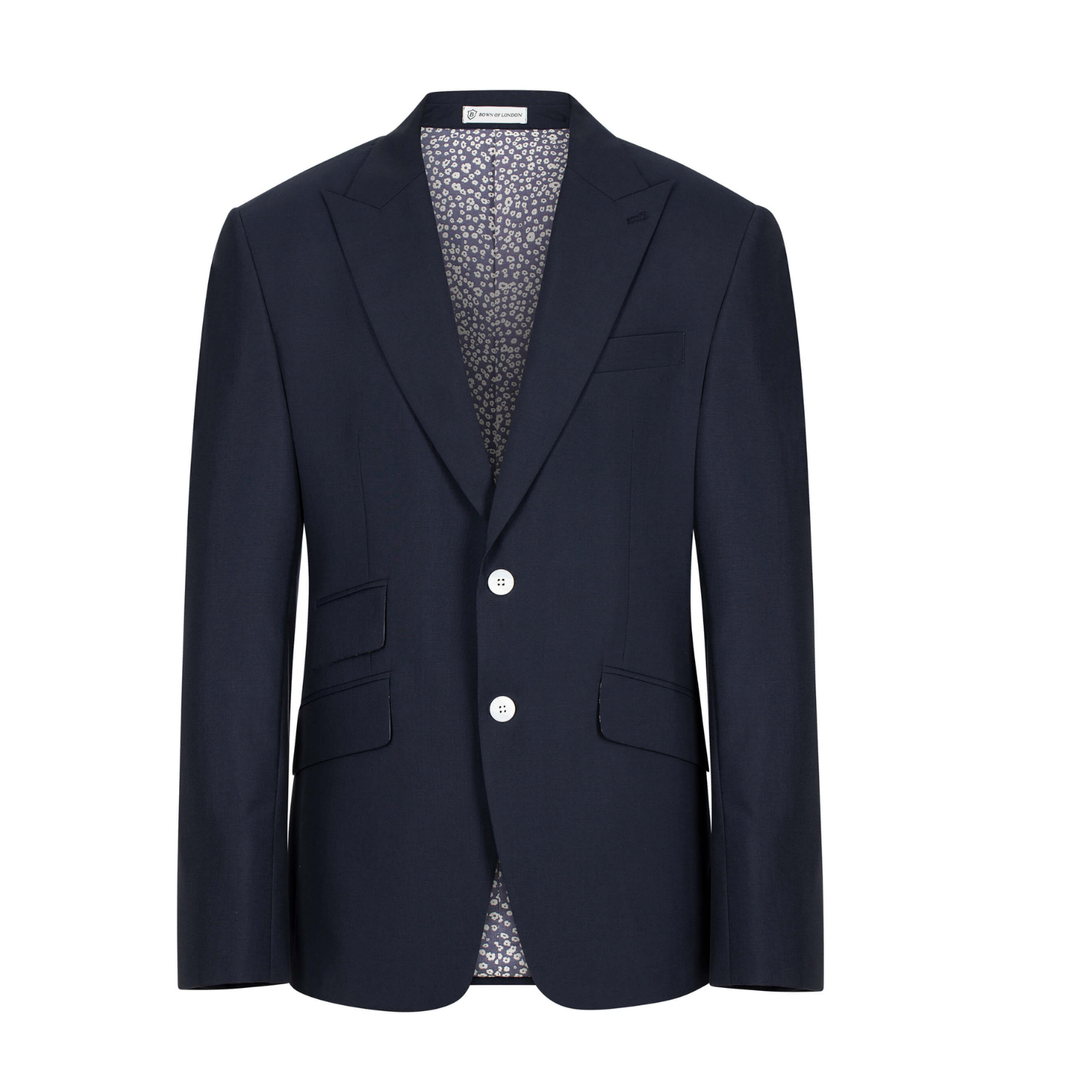Navy blazer with a patterned shirt underneath on a white background