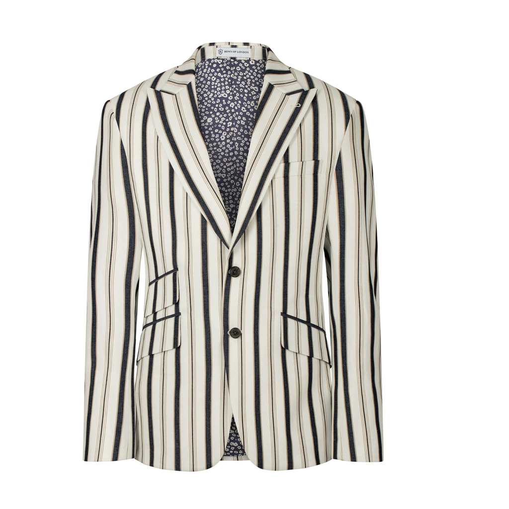 Striped blazer with a patterned shirt underneath on a white background