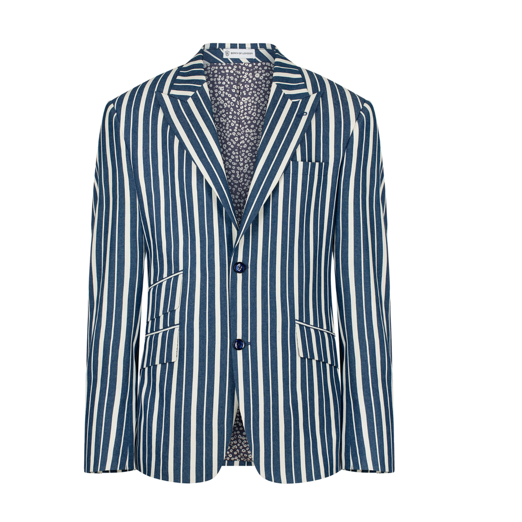 Blue and white striped blazer on a white background
