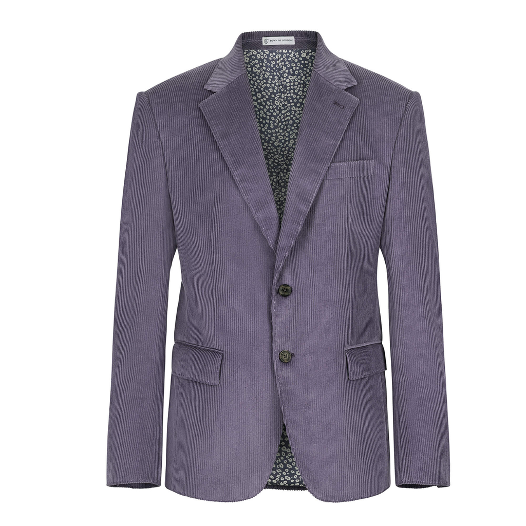 Purple blazer with a patterned shirt underneath on a white background