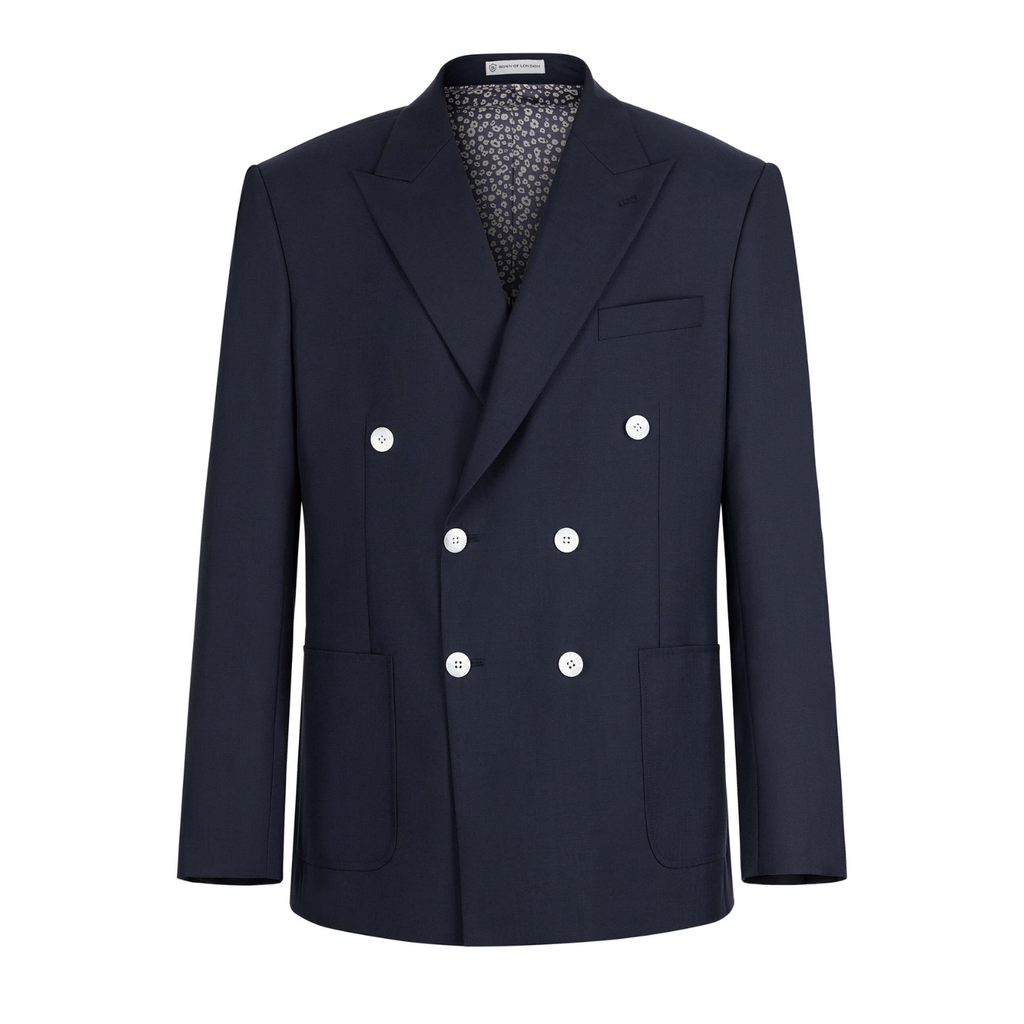 Navy blue double-breasted jacket on a white background