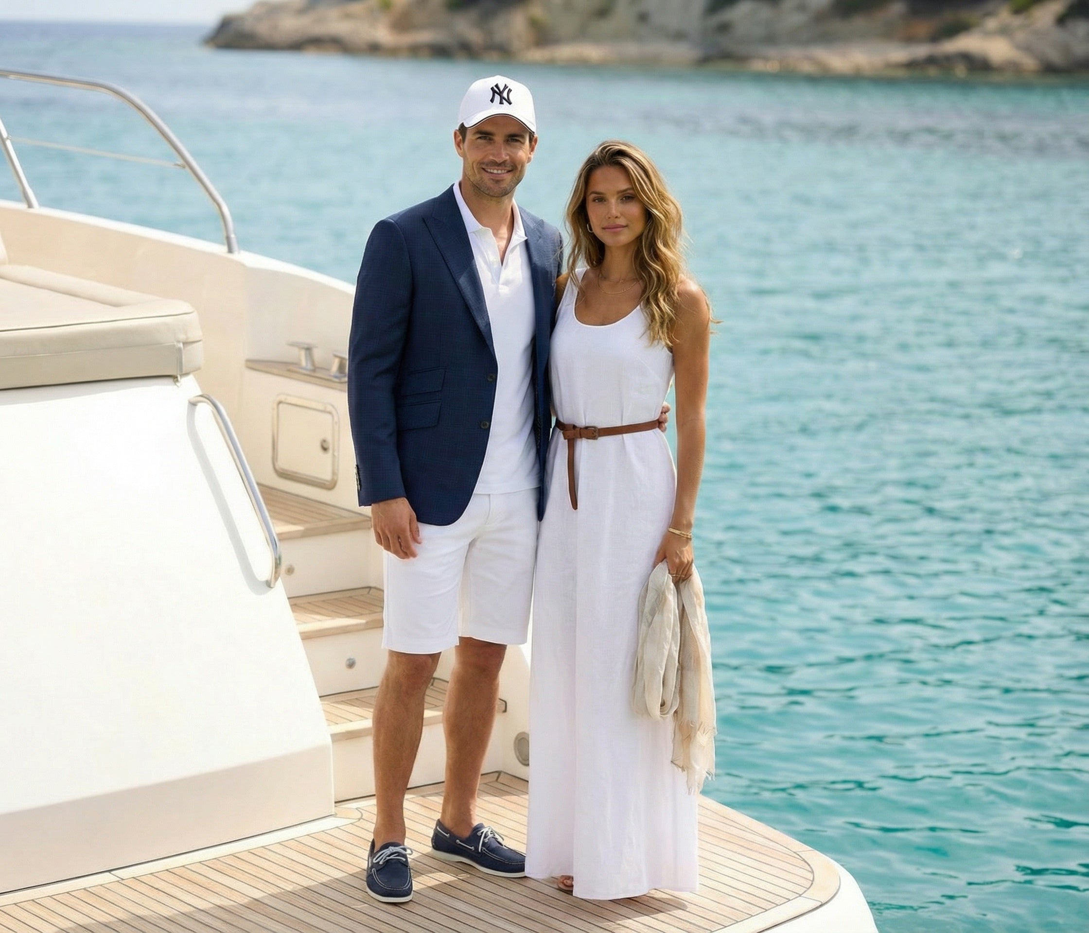 Man and woman standing on a yacht with a scenic background