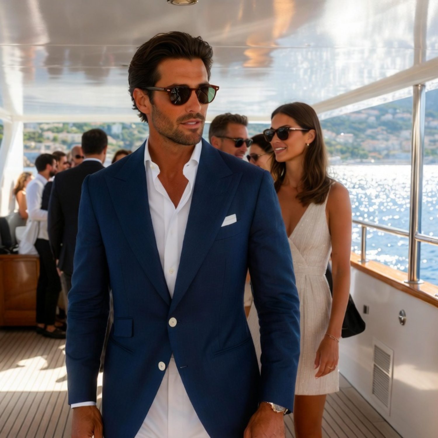 Man in a blue suit and sunglasses on a boat with a woman in a white dress.