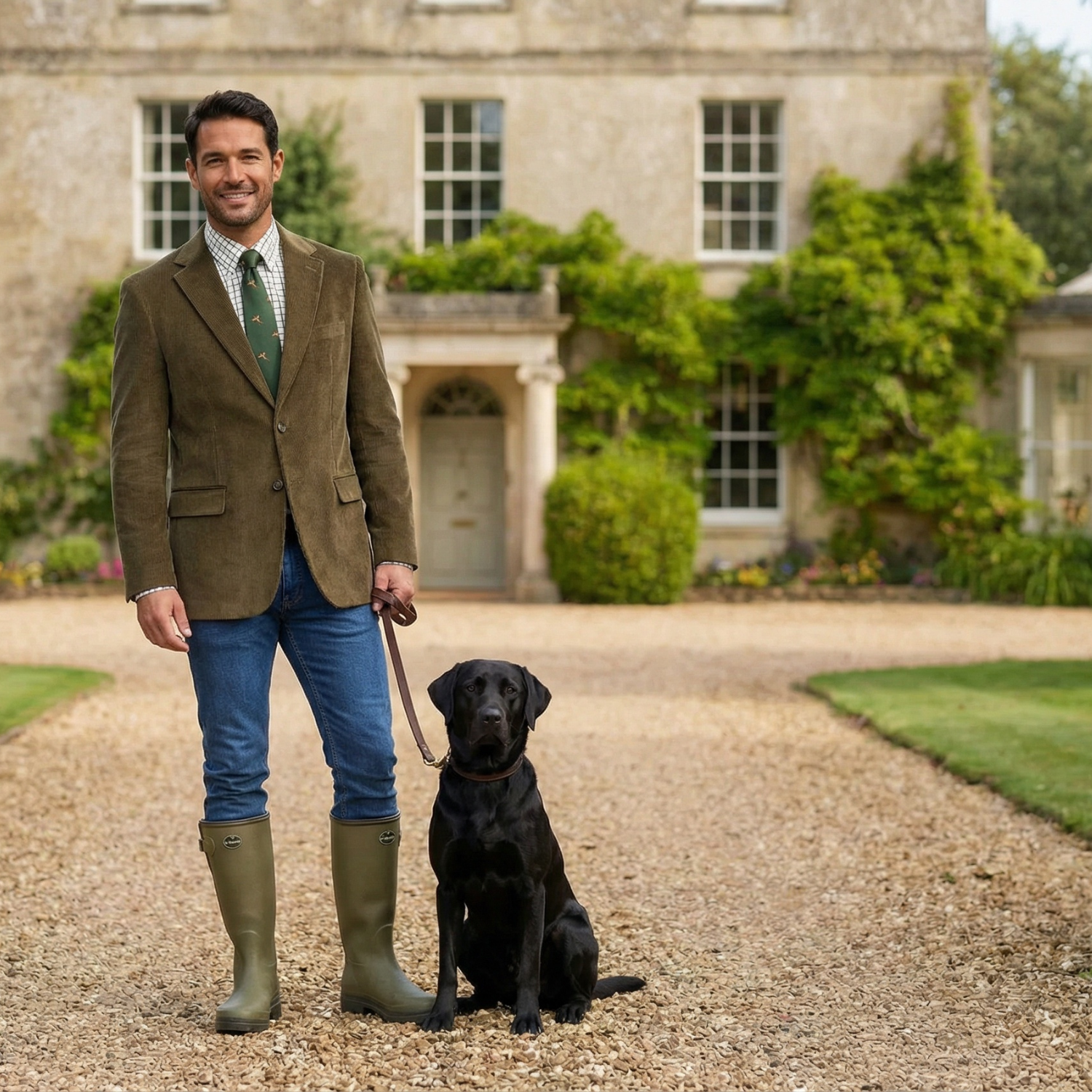 Man in a brown jacket and green wellies standing with a black dog on a gravel path in front of a large house.